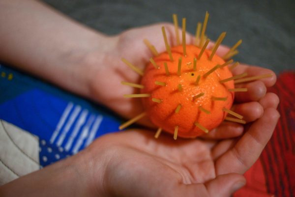 Two hands holding orange with toothpicks sticking out of it