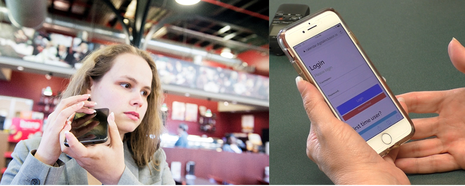 Two photos. One is of a girl holding a cell phone and the other photo is of two hands holding a phone with a login screen. 