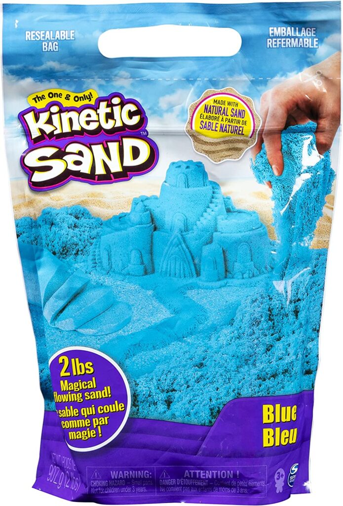 A bag of blue Kinetic Sand that is resealable.  